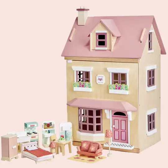 Foxtail Villa Pink Wooden Dolls House With Furniture