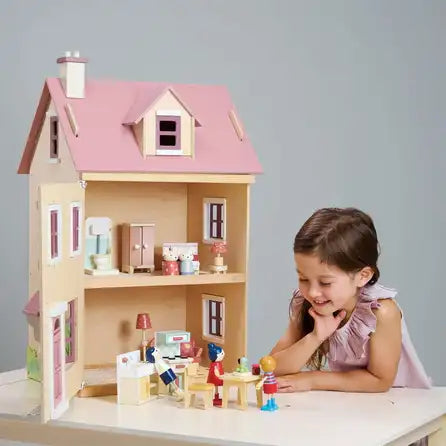 Foxtail Villa Pink Wooden Dolls House With Furniture