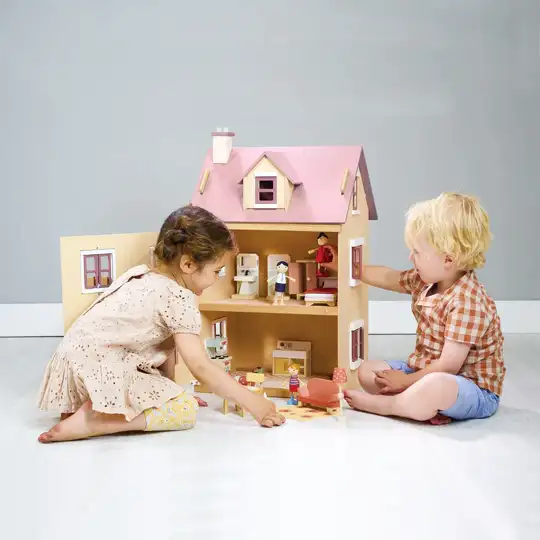 Foxtail Villa Pink Wooden Dolls House With Furniture