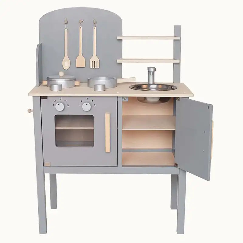 Wooden Pretend Home Kitchen with Pot & Pan - Gray